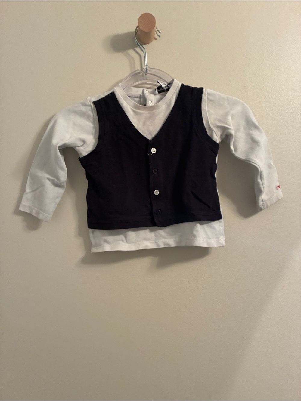 Emporio Armani White Long Sleeve Top with Navy Vest Layered Look